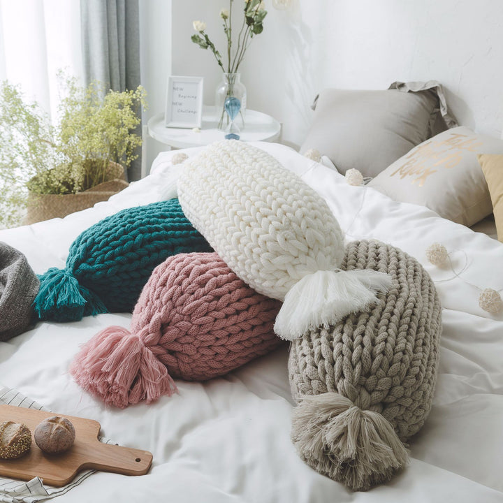 Cute Candy Shape Chunky Knit Pillow with Kawaii Tassel Design