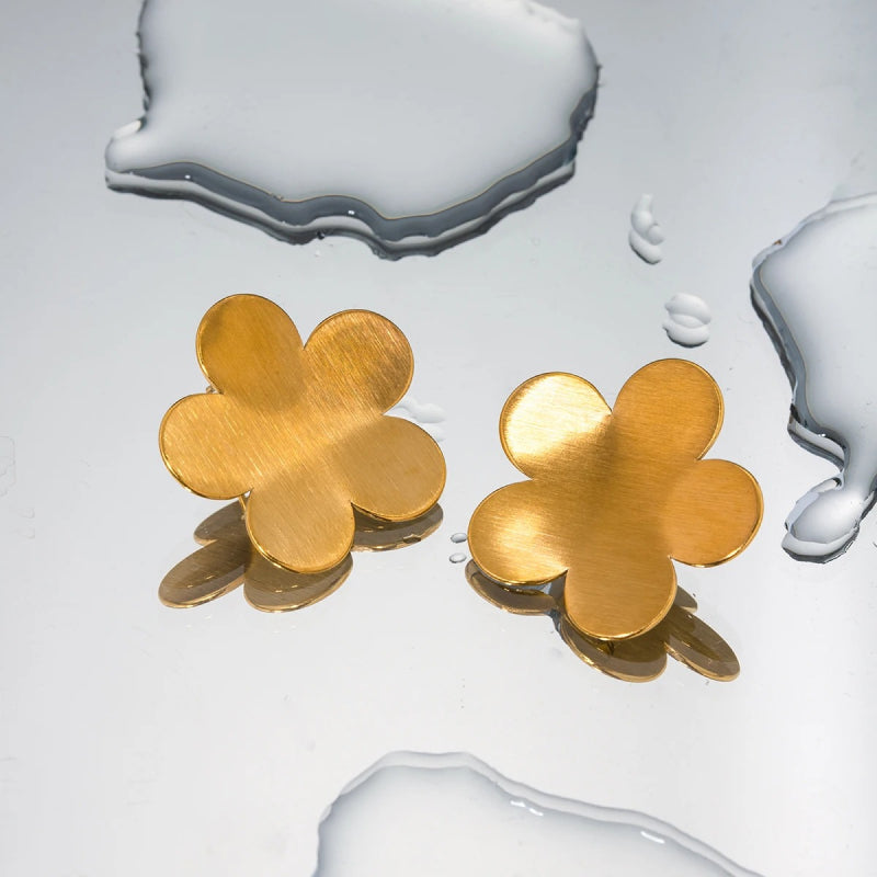 18K Gold Plated Stainless Steel Frosted Flower Stud Earrings