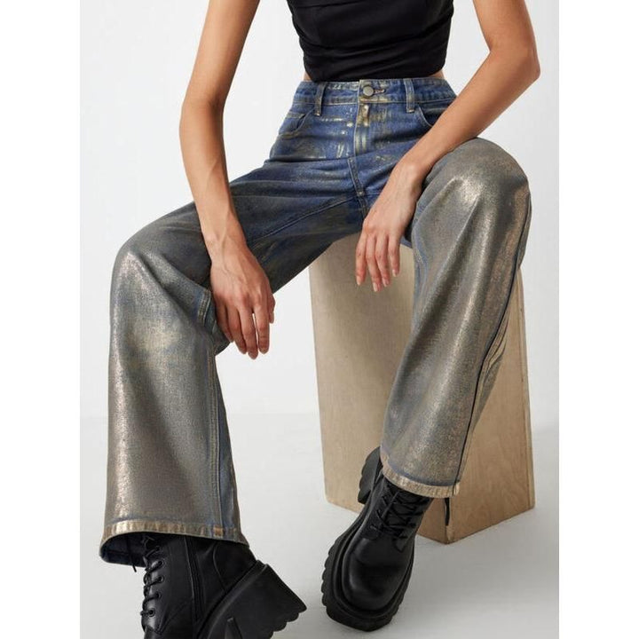 Colorblock Casual Denim Floor Length Trousers For Women