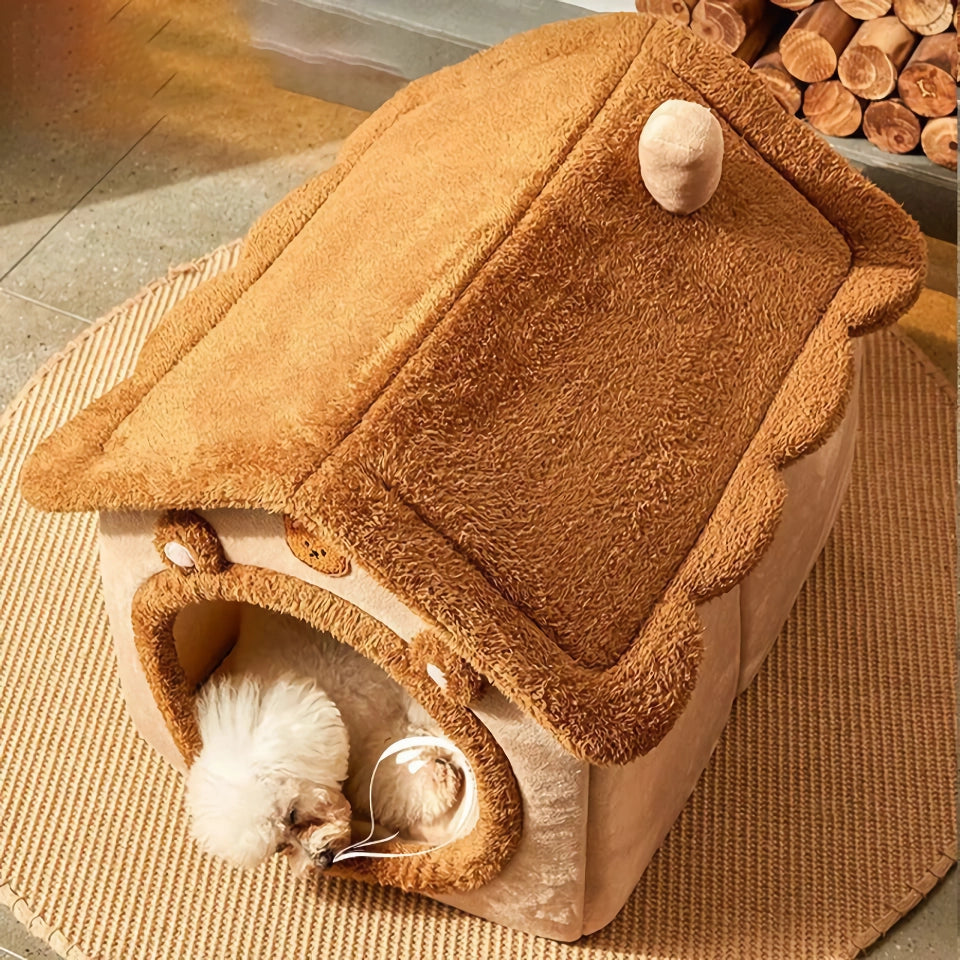 Foldable Plush Dog House - Cozy Winter Pet Sleeping Nest