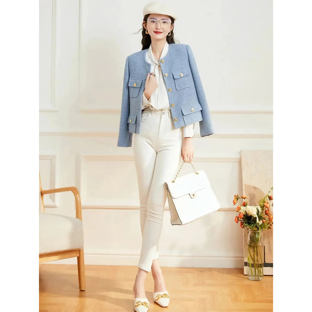 Elegant Round Neck Long Sleeve Office Lady Jacket