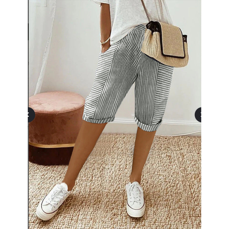 Striped Stitching Loose Casual Cropped Pants