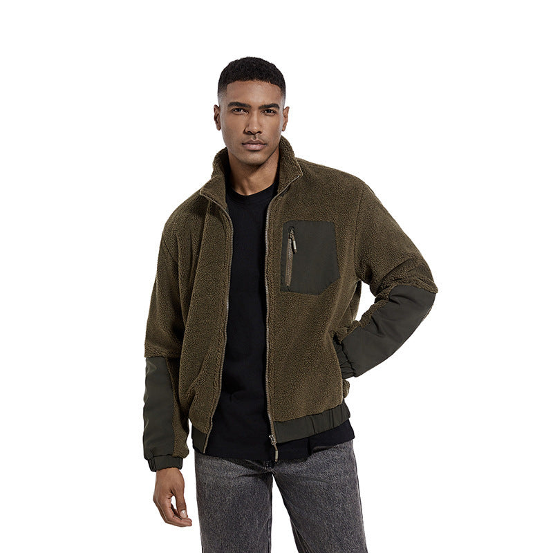 Men's Standing Collar Solid Color Fleece Jacket