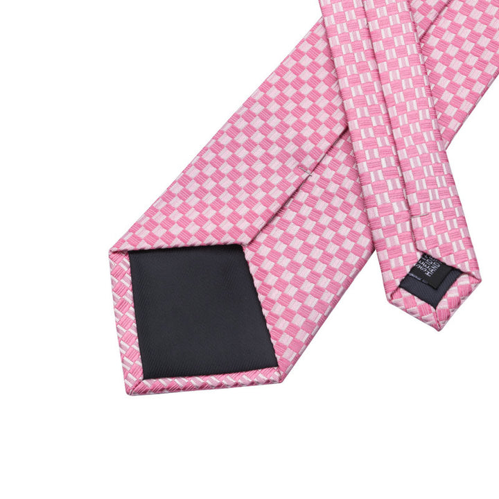 Pink and White Plaid Silk Tie Set – Men's Formal Wedding Tie, Hanky, Cufflinks