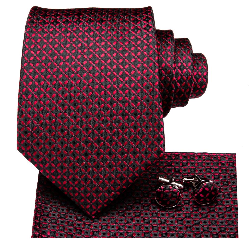 Burgundy Black Plaid Silk Necktie Set for Men