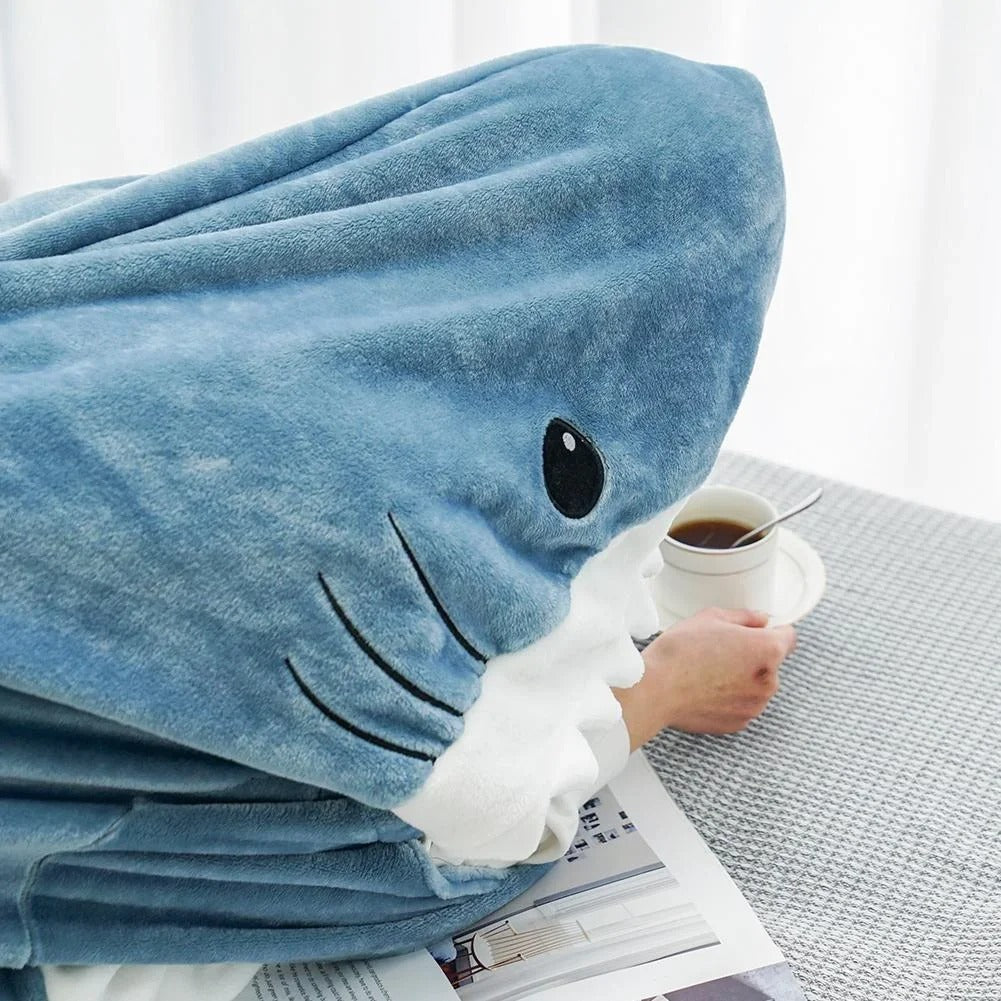 Cozy Shark-Themed Cartoon Sleeping Bag Pajamas & Shawl