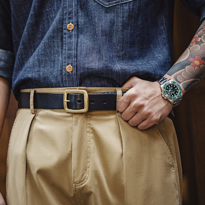 Vintage Cowhide Printed Boro Style Belt with Pin Buckle for Men