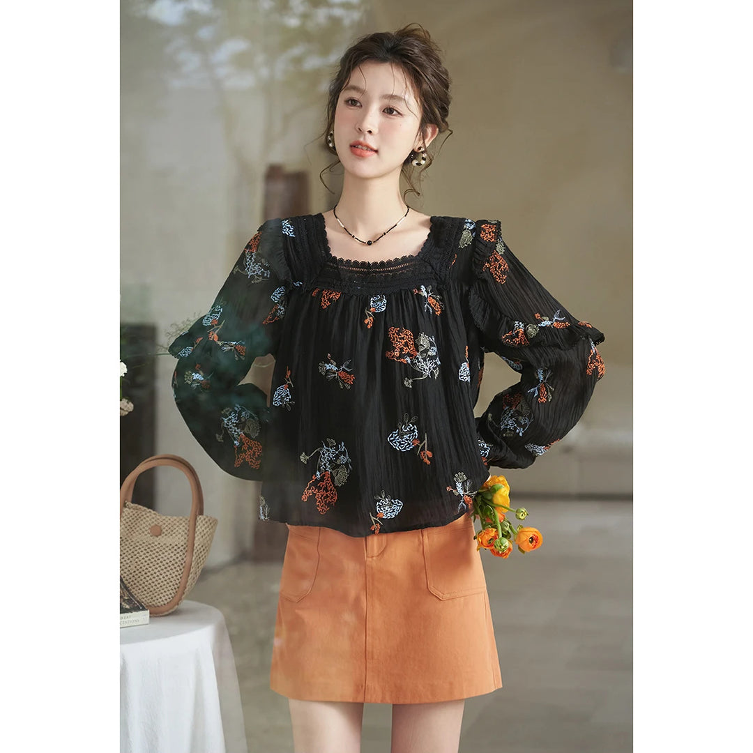 Korean Embroidered Dandelion Blouse with Lace Square Neck