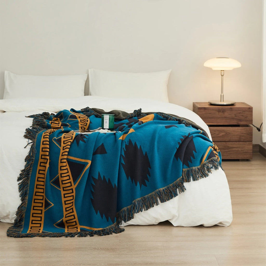 Bohemian Geometric Pattern Blanket with Luxurious Fringes