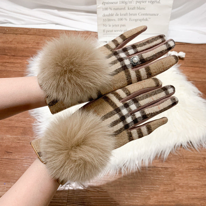 Oversized Fox Fur Ball Day Single Symmetrical Plaid Wool And Cashmere Finger Gloves