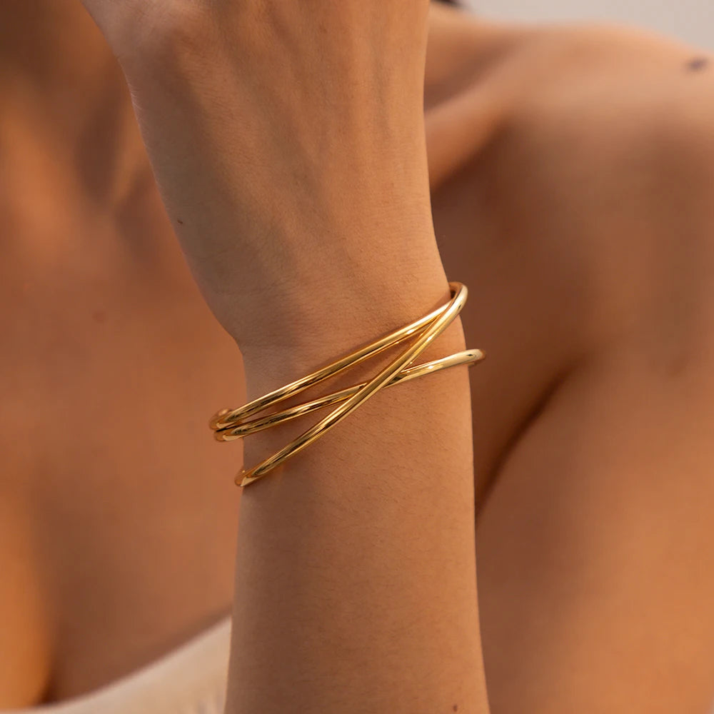 18K Gold Plated Stainless Steel Multi-Layer Cuff Bracelet