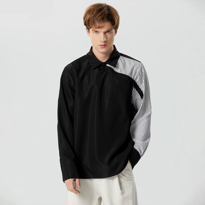 Striped Patchwork Lapel Men’s Long Sleeve Casual Shirt