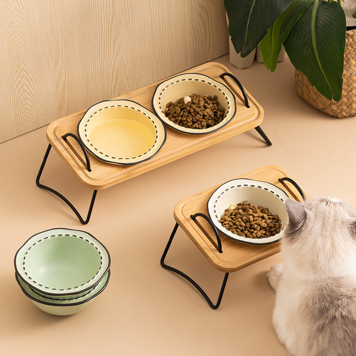 Ceramic Dog & Cat Bowl with Wood Stand