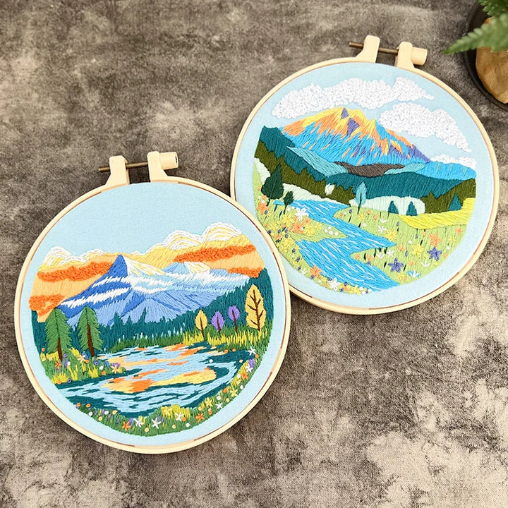 DIY Landscape Embroidery Kit with Printed Pattern and Plastic Hoop