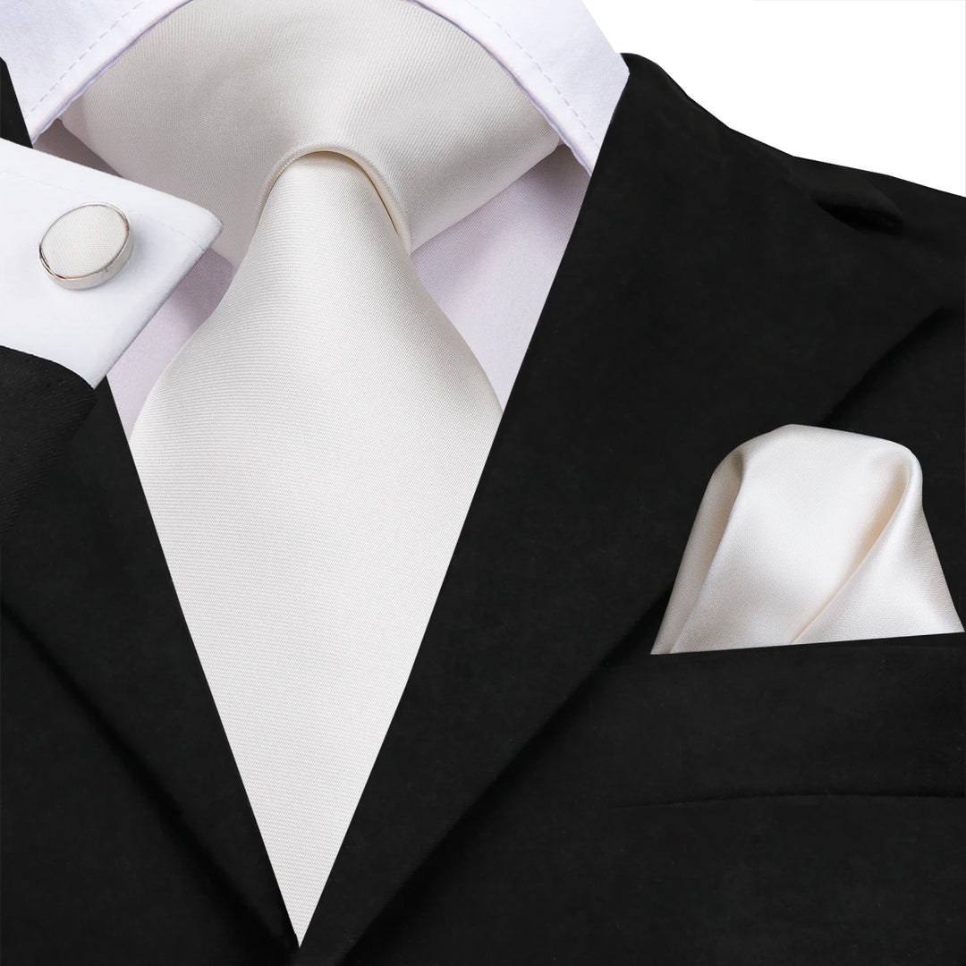 Classic White Silk Necktie Set with Pocket Square & Cufflinks