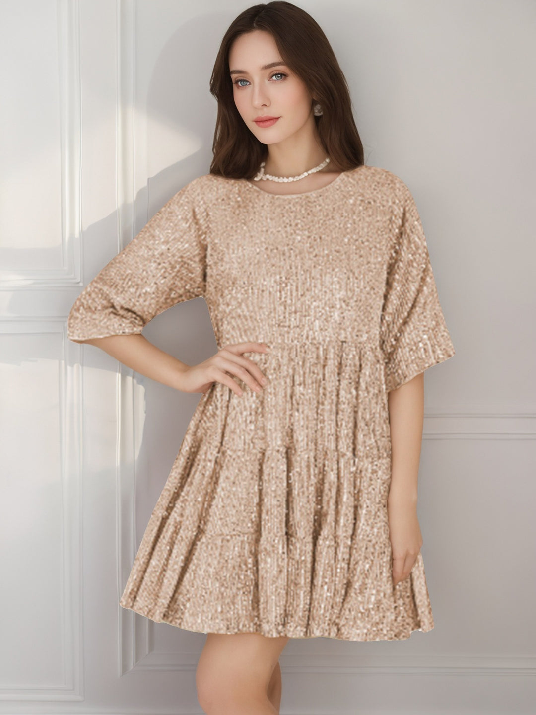 Fashionable Round-neck Loose-fit Short-sleeve Dress With Sequins