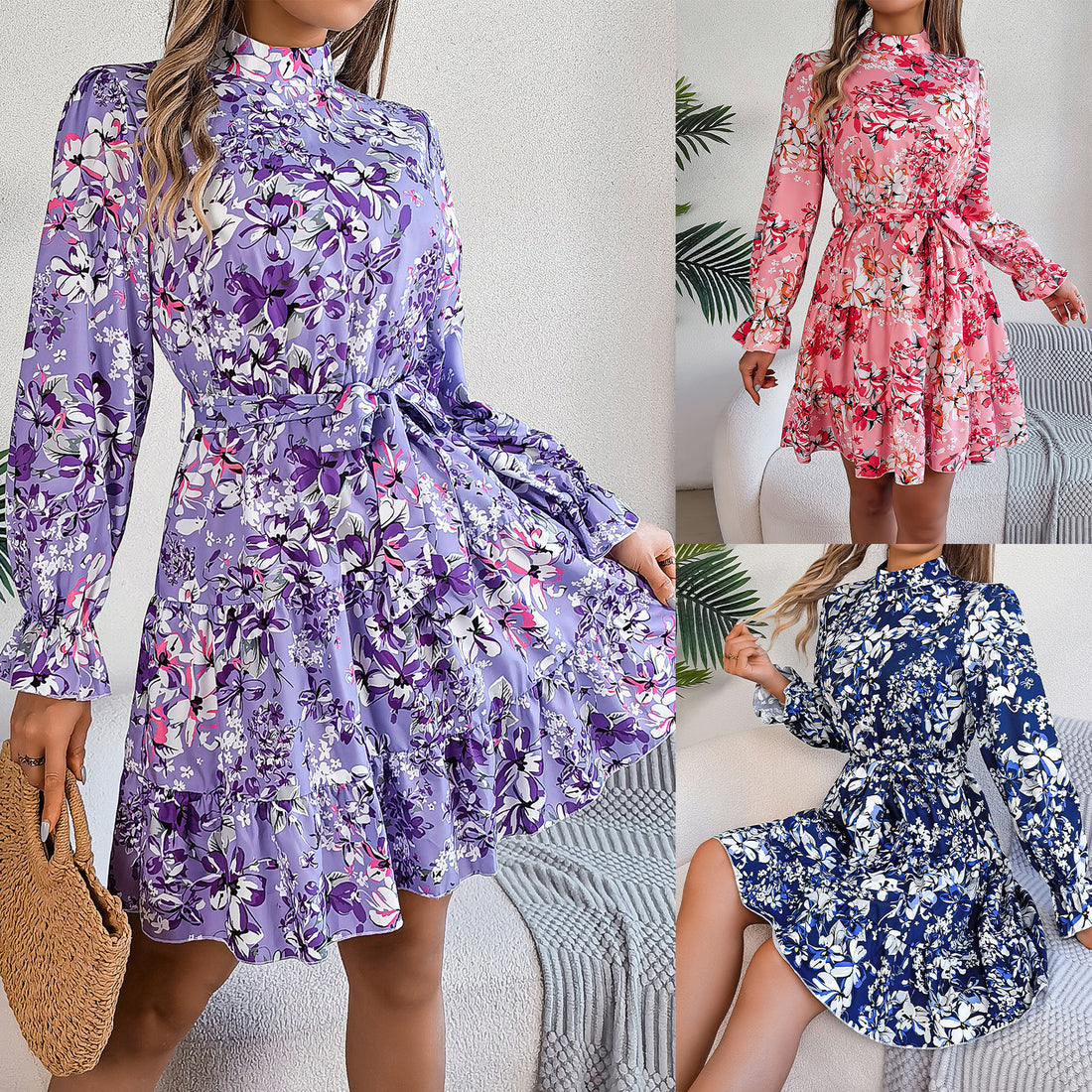 Stand Collar Flower Waist-controlled Long Sleeves Ruffled A-line Dress