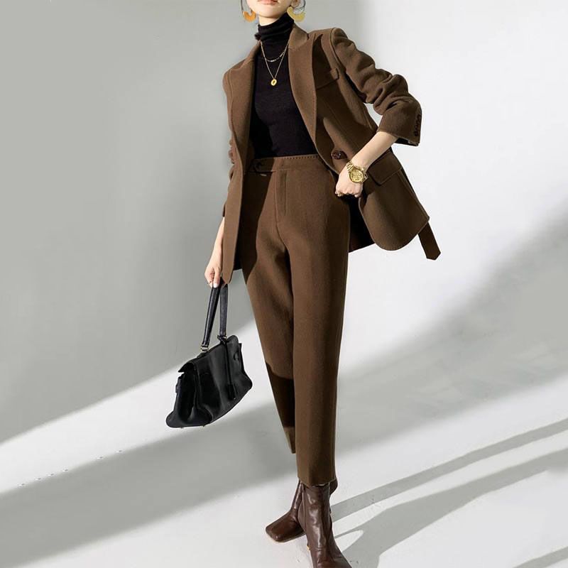 Belted Cotton-Blend Jacket and Trouser Suit for Women