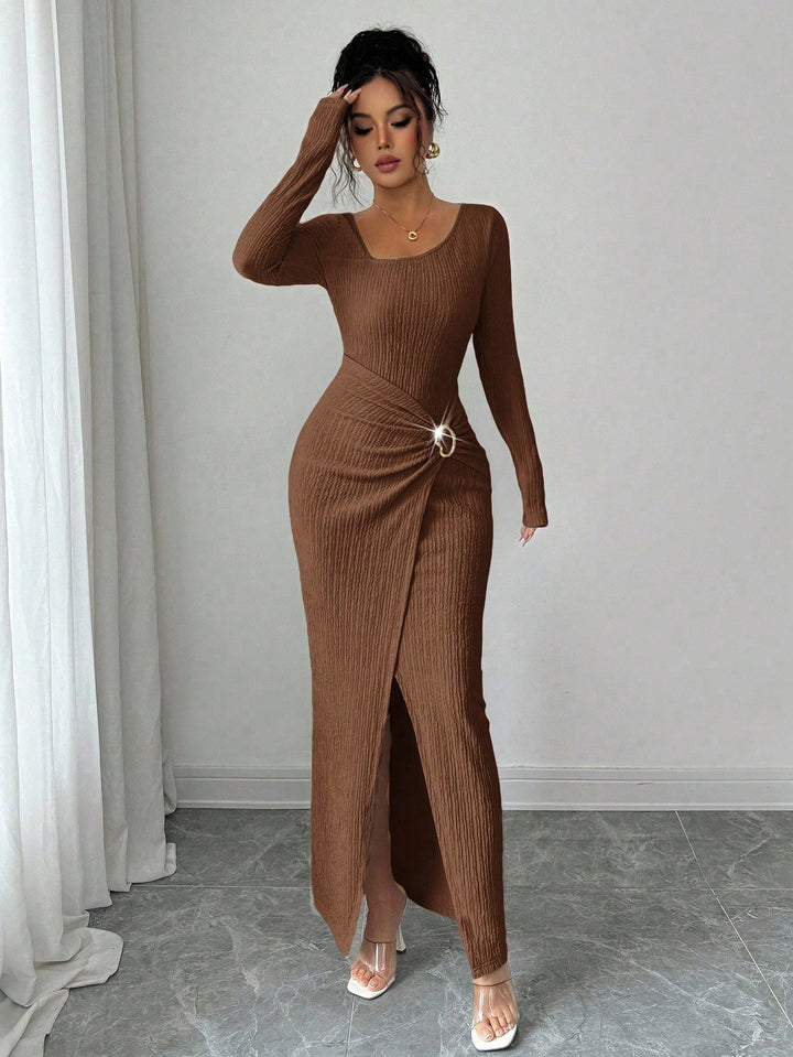 Autumn And Winter Irregular Neckline Solid Color Knitted Texture Long Dress For Women