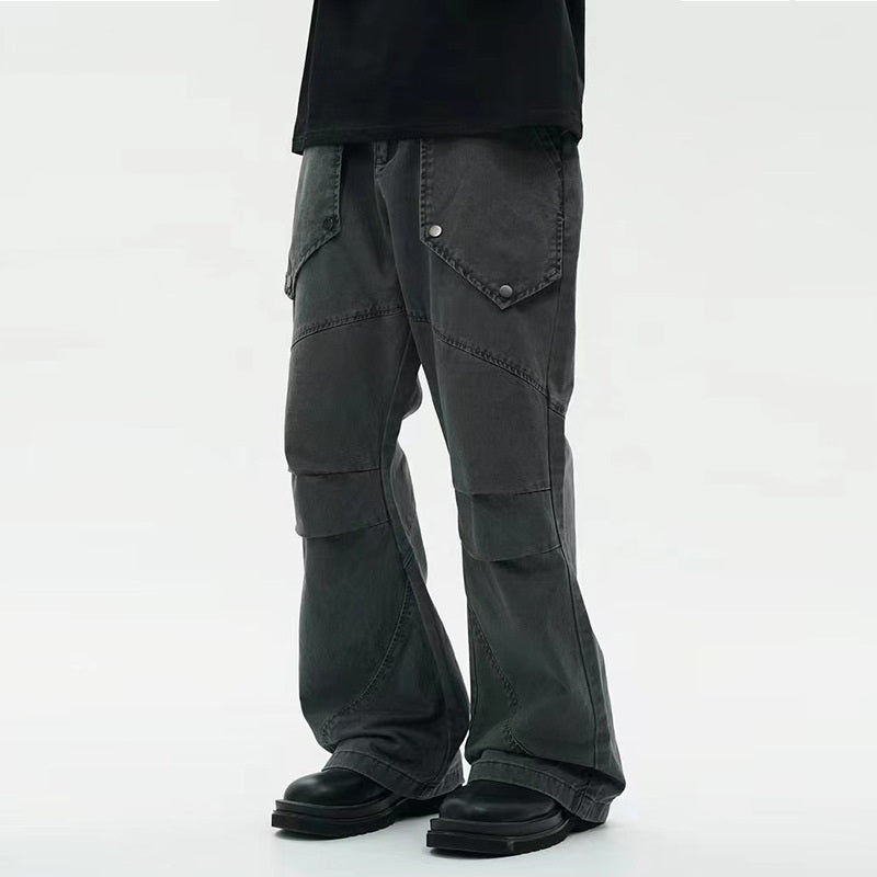 Black Washed Pleated Large Pocket Design Loose Micro-flared Trousers