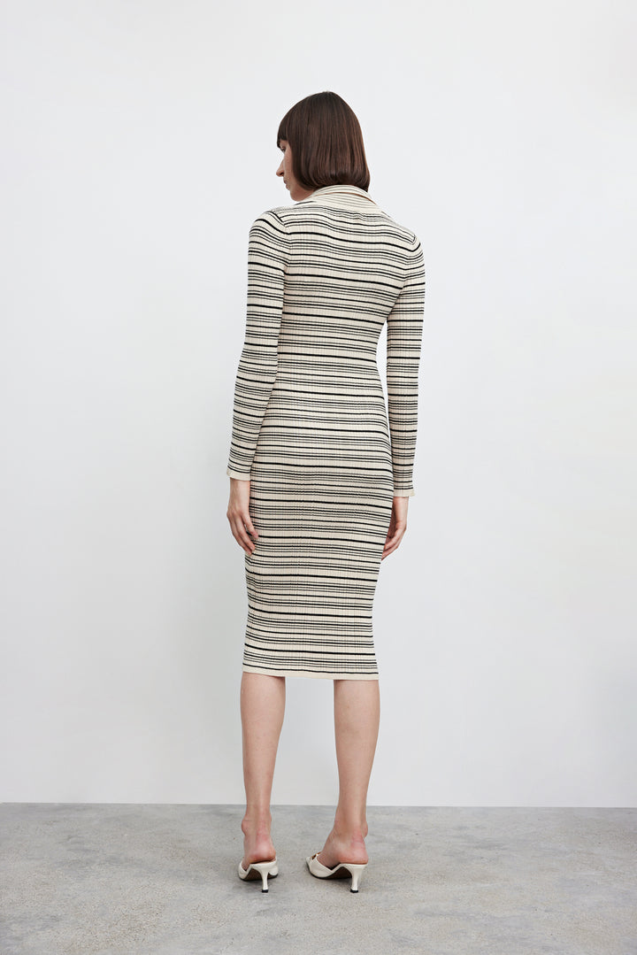 French Style Skinny Dress with Striped Lapel