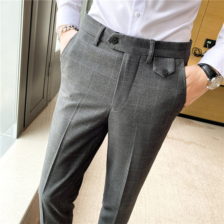 Korean Style British Classic Checkered Elegant Slim Fit Men's Best Man Pencil Pants Suit Pants