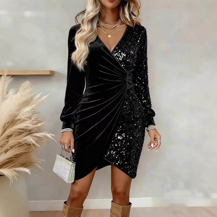 Fashionable V-neck Sequin Velvet Bodycon Dress