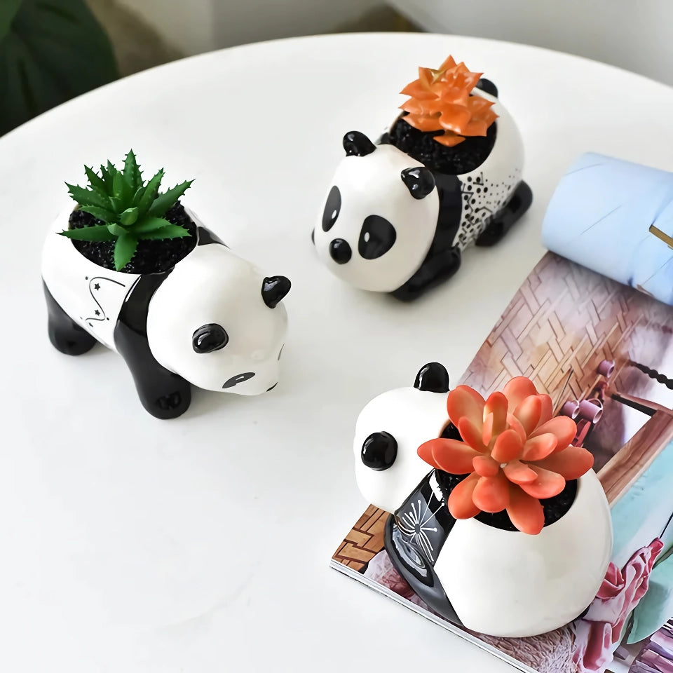 Cute Panda Ceramic Flower Pot - Black and White Cartoon Animal Planter for Home Decor