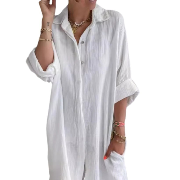 Long Shirt Women's Cotton And Linen Loose Solid Color Pocket Shirt Dress