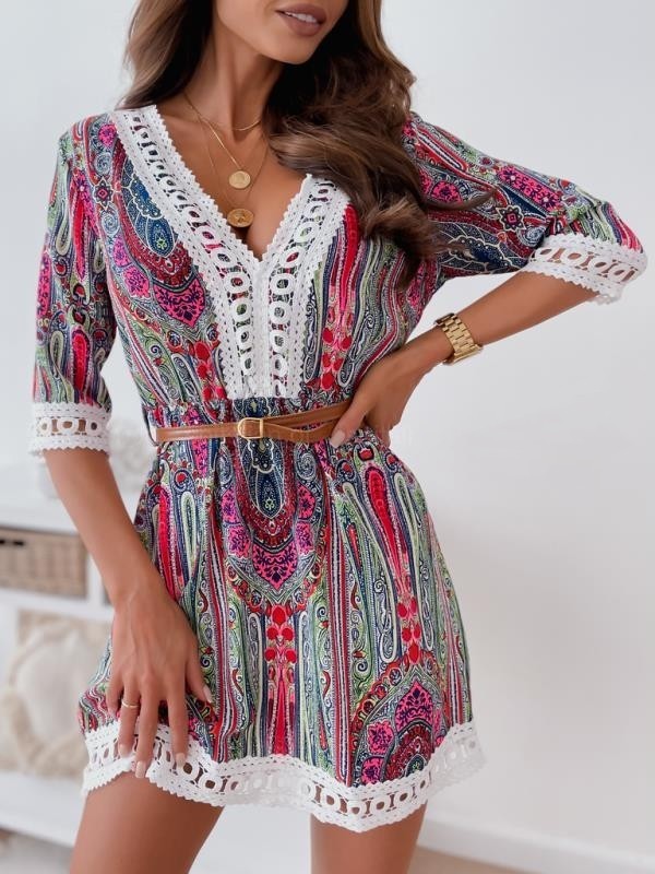 European And American V-neck Lace Belt Printing Dress