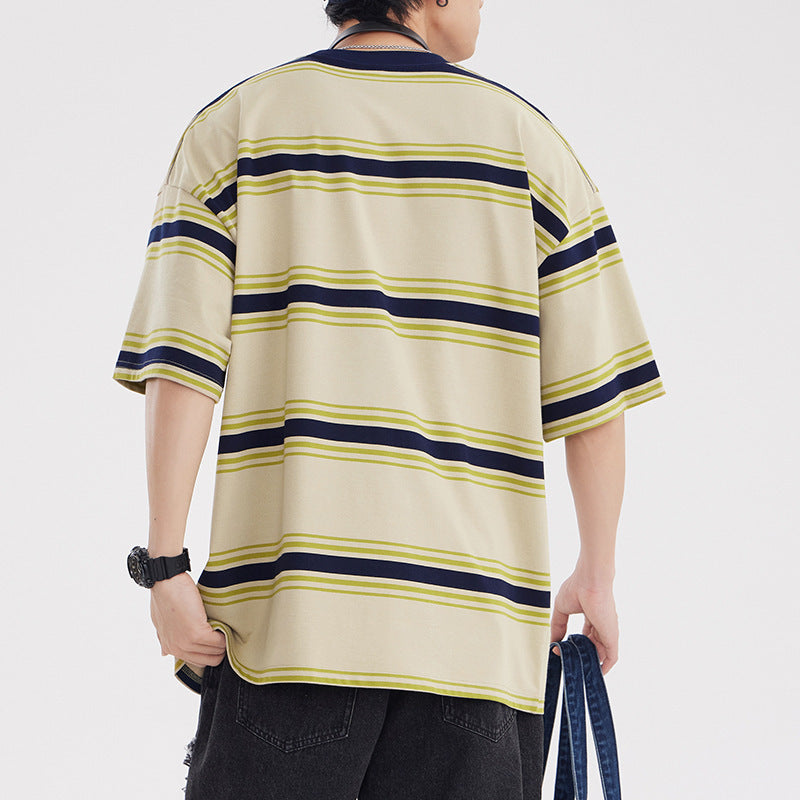 Vintage Stripe Round Neck T-shirt Men's Loose Preppy Style Couple All-match Fashion Half Sleeve Shirt