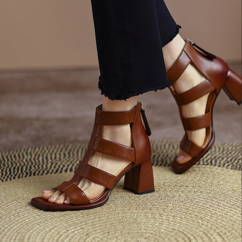Leather Cage Sandals with Block Heel and Back Zip