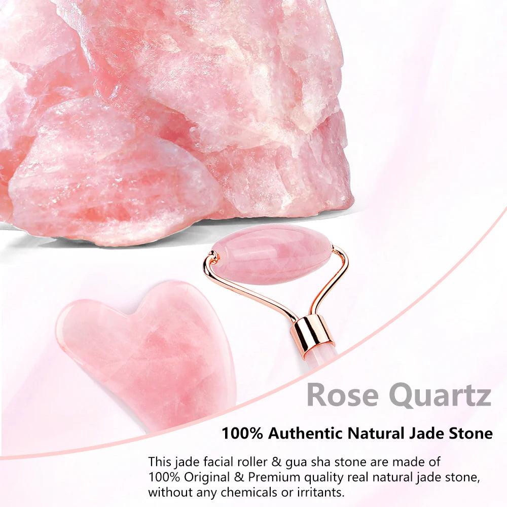 Natural Rose Quartz Jade Roller & Gua Sha Set