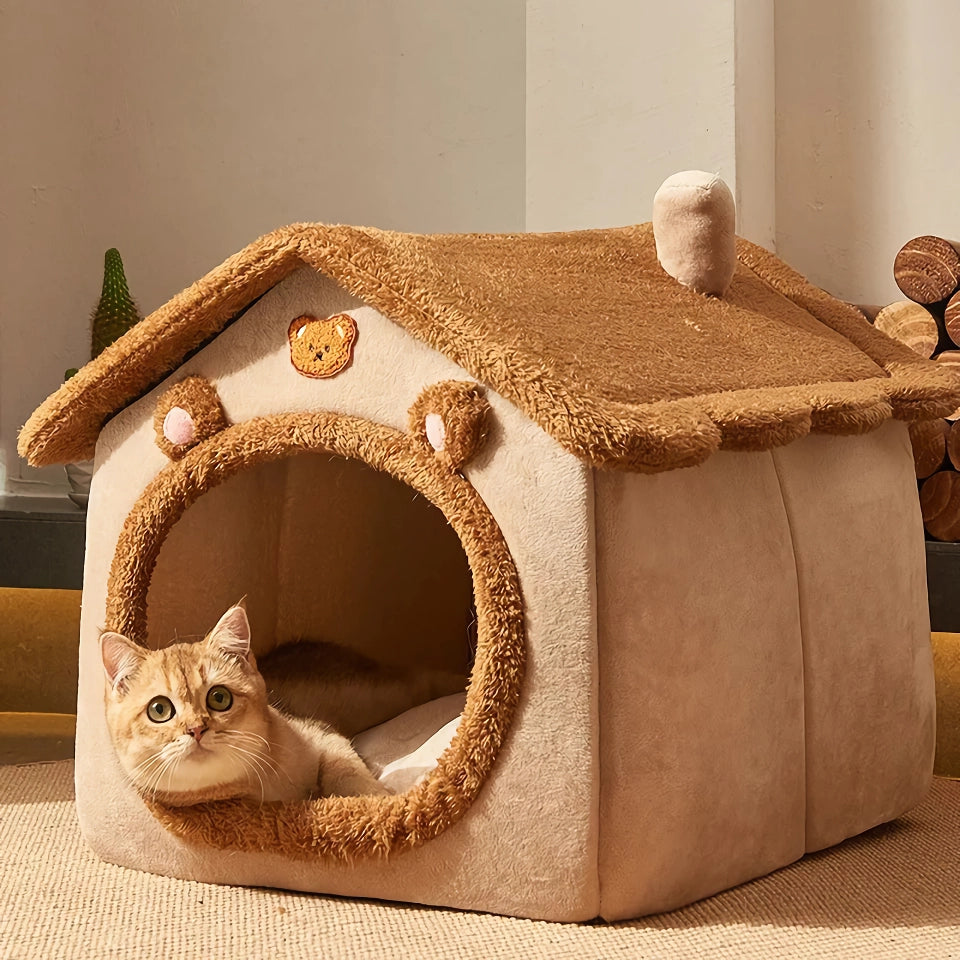 Foldable Plush Dog House - Cozy Winter Pet Sleeping Nest