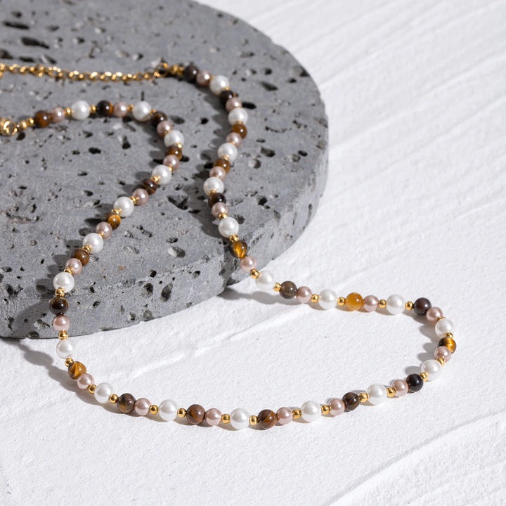 18K Gold Plated Tiger Eye & Imitation Shell Bead Necklace