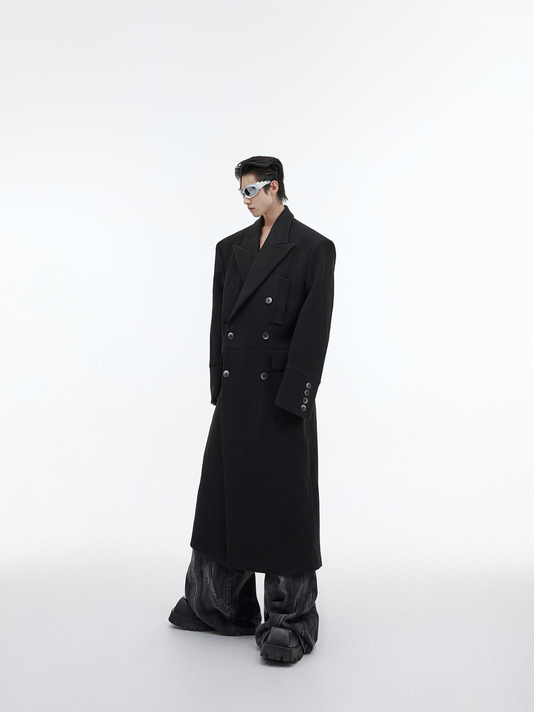 Three Dimensional Deconstruction Shoulder Pad Woolen Long Coat