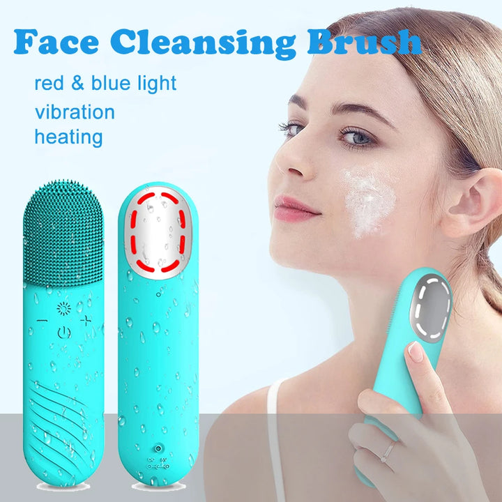 Ultrasonic Silicone Facial Cleansing Brush & Heated Vibrating Face Massager