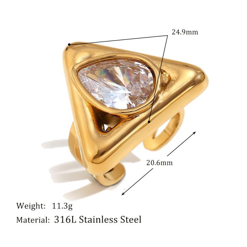 18k Gold Plated Rhinestone Triangle Adjustable Ring - Tarnish Free Stainless Steel