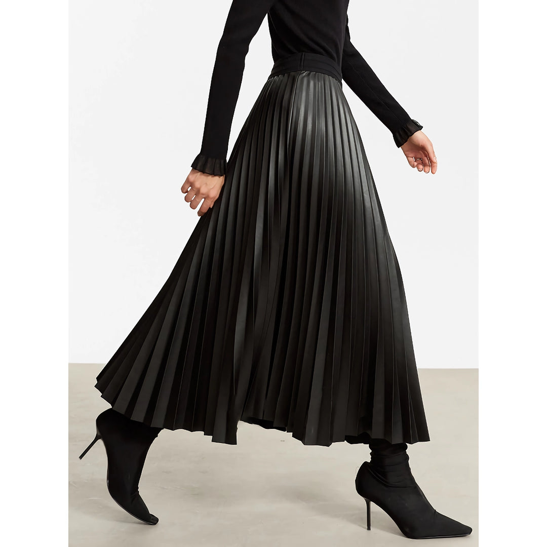 Minimalist A-Line Pleated Leather Skirt for Women