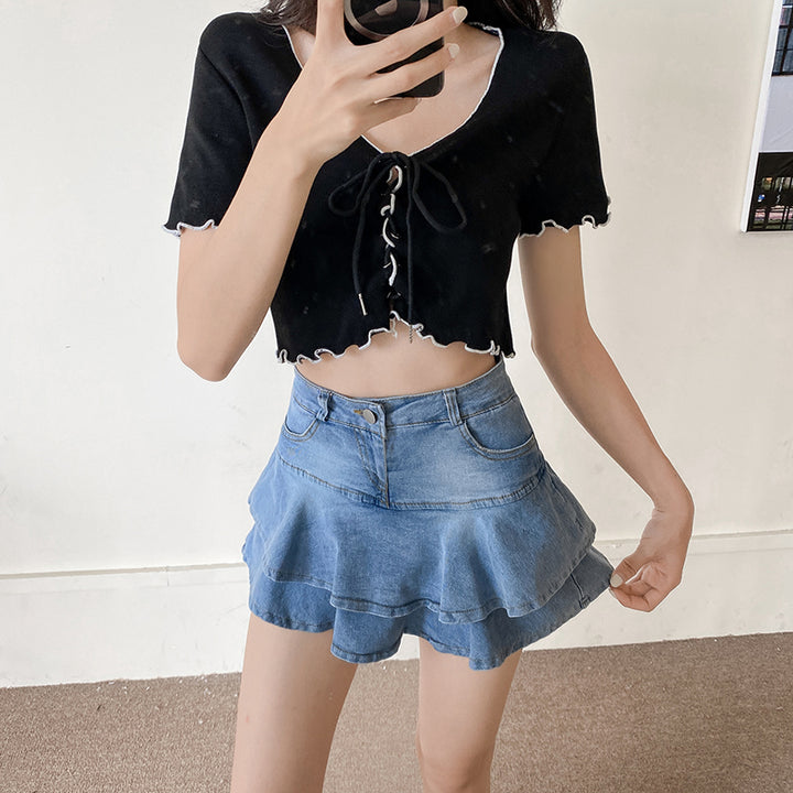 Trendy Layered Denim Mini Skirt with Pocket