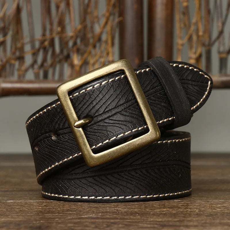 3.8CM Vintage Printed Leather Belt – Copper Buckle Cowhide Strap for Men’s Jeans