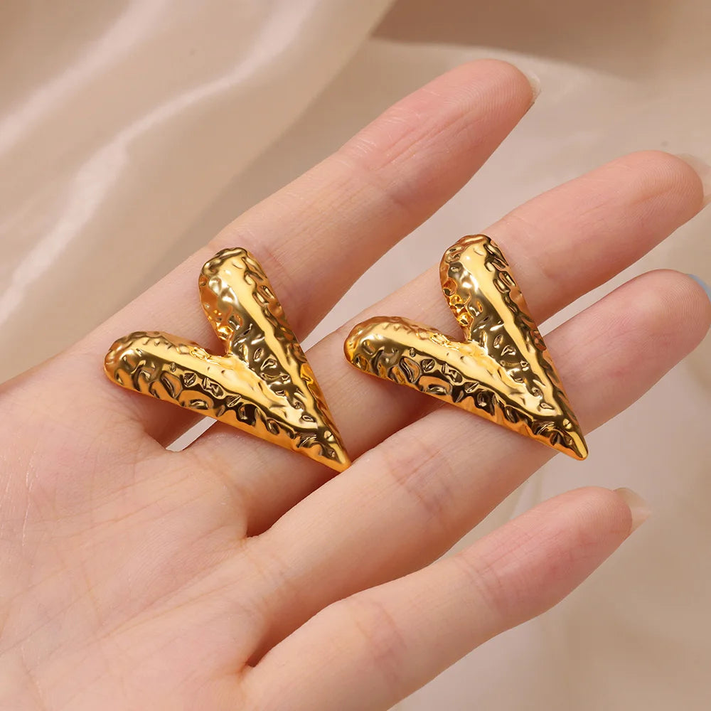 Elegant Gold Heart Stud Earrings - Stainless Steel Trendy Jewelry