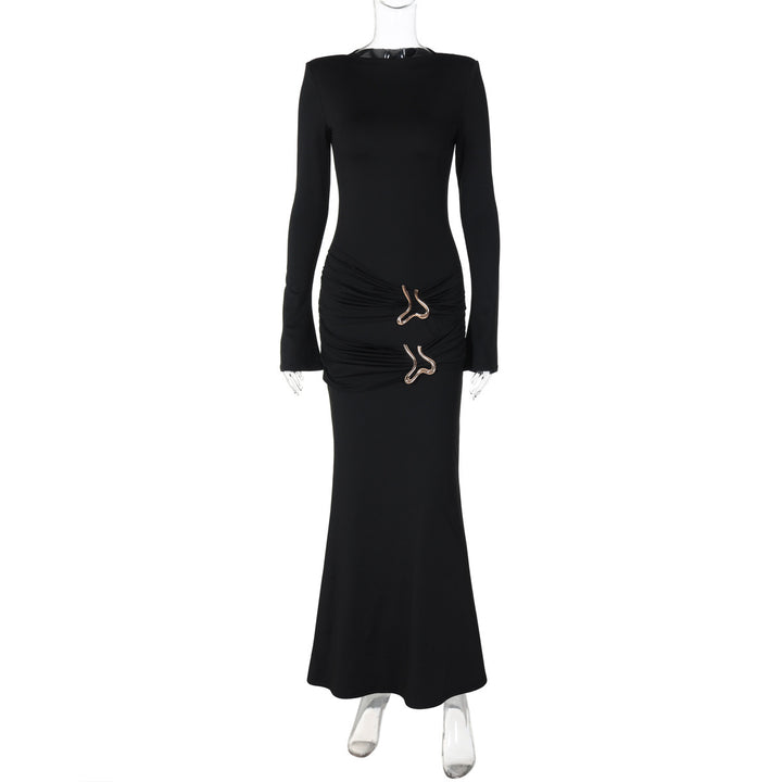 Winter Fashion Round Neck Slim Fit Pleated Long Sleeve Waist Dress