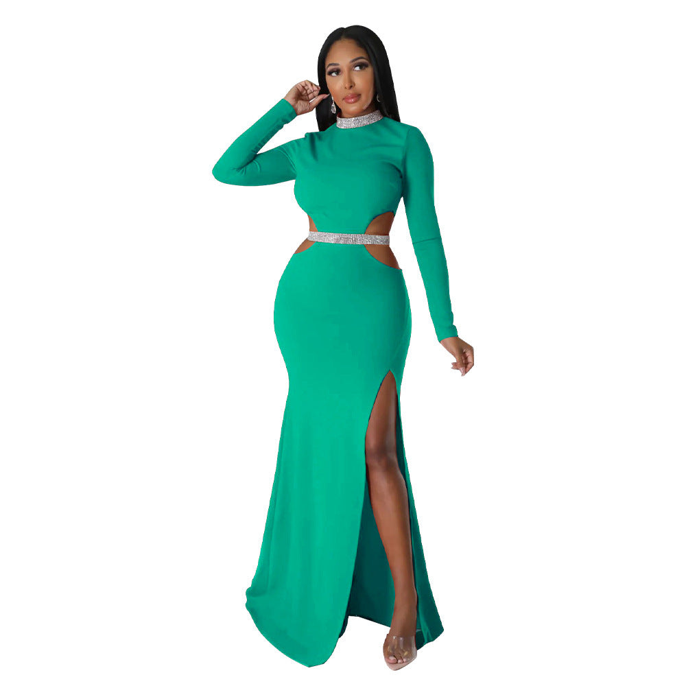 Fashion Women's Wear Sexy Waist Hollow-out Split Dress Solid Color