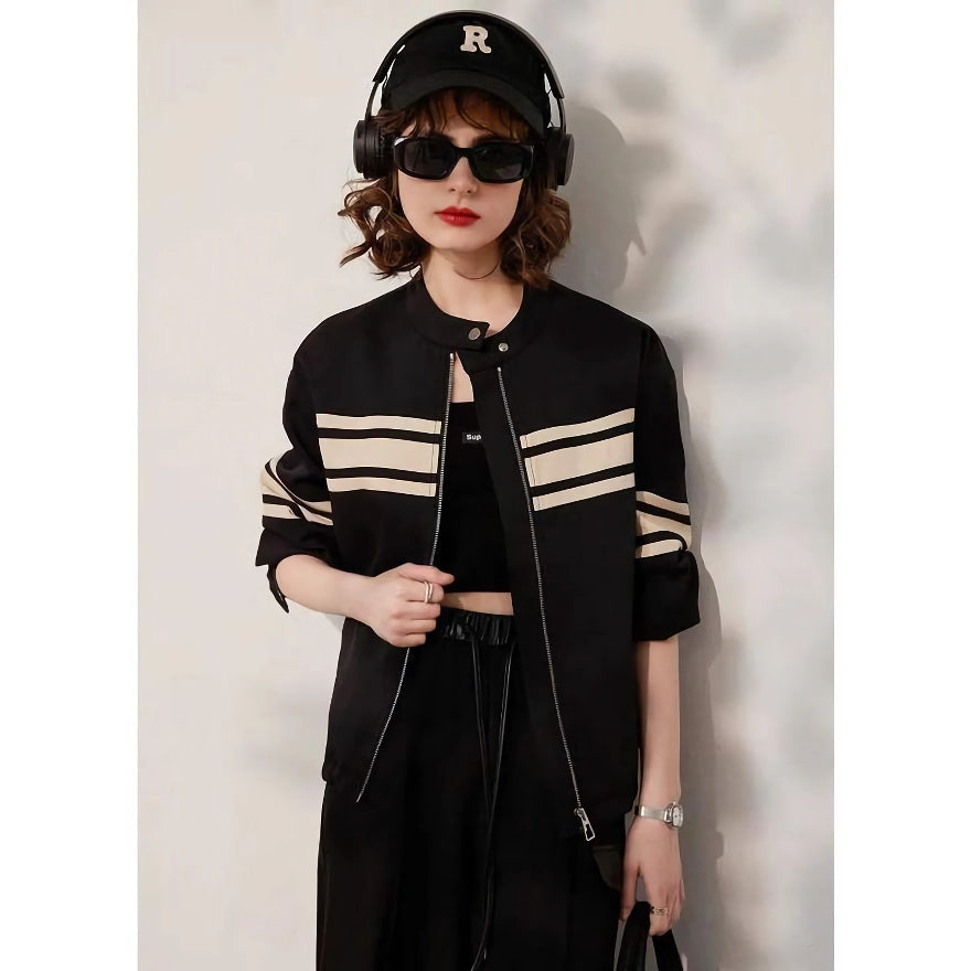 Spring Women's Loose Fit Striped Jacket with Contrast Colors