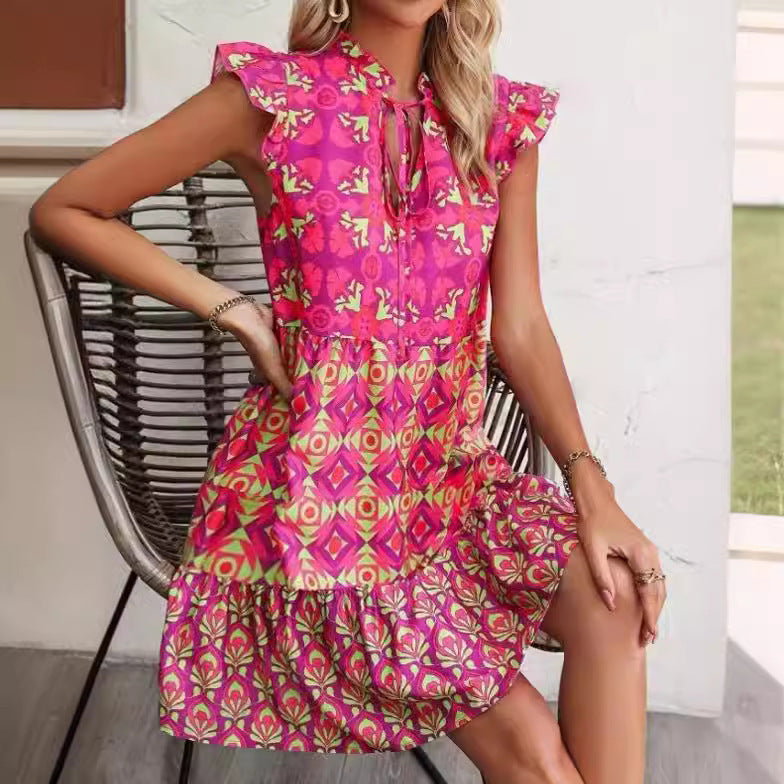 Rose-Red Printed Flutter-Sleeve Tie-Neck Dress