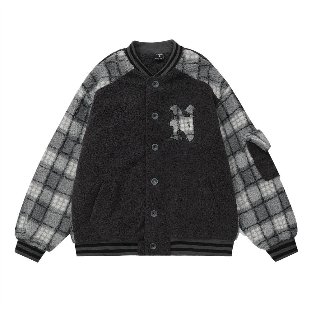 Color Contrast Patchwork Plaid Lamb Wool Coat For Men