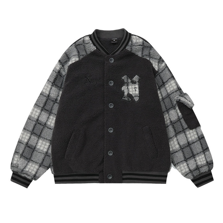 Color Contrast Patchwork Plaid Lamb Wool Coat For Men