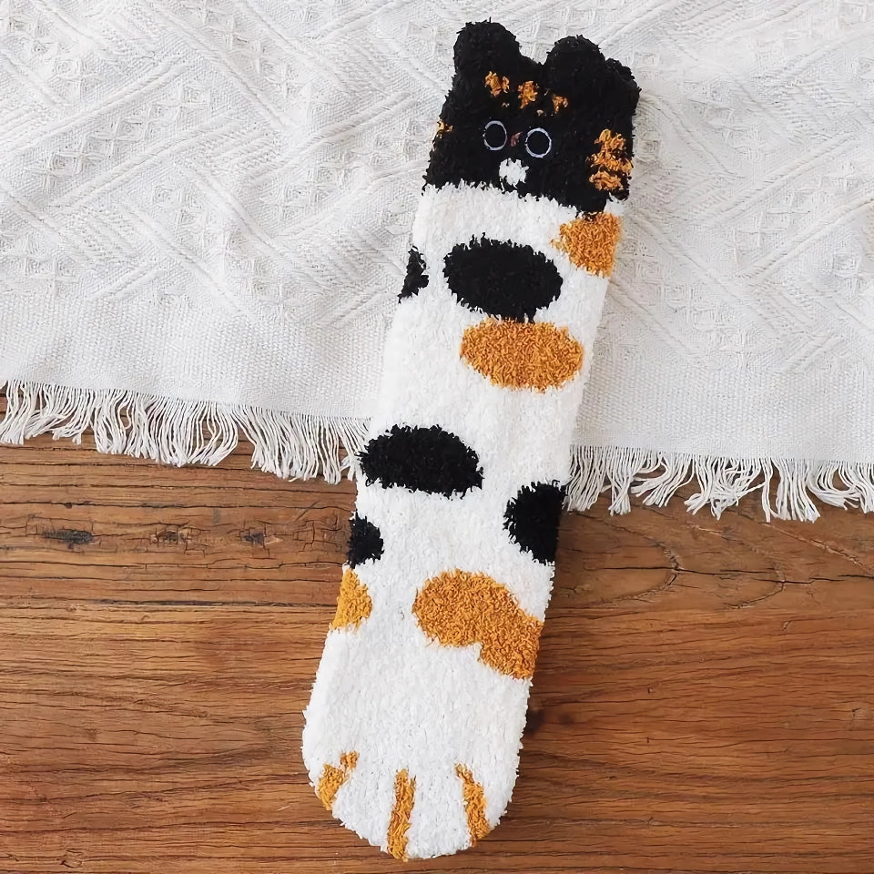 Cute Cartoon Kitten Fleece Warm Indoor Floor Socks - Kawaii Cat Claw Design