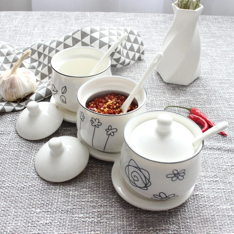 Creative Ceramic Seasoning Cans with Spoon and Tray